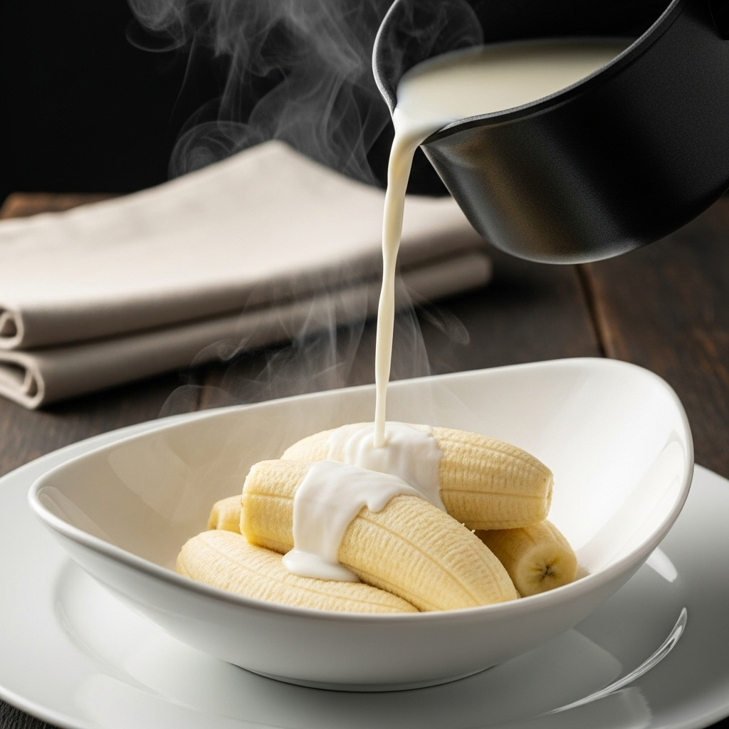 Burmese steamed banana being gently steamed with milk