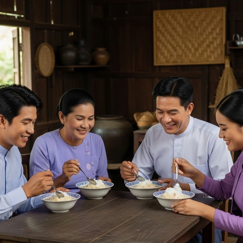 Milk being added to banana for a warm Burmese dessert